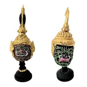 Two vintage Brahma Praprom Thai Khon Triple Masks on stand with gold-tone gilt.